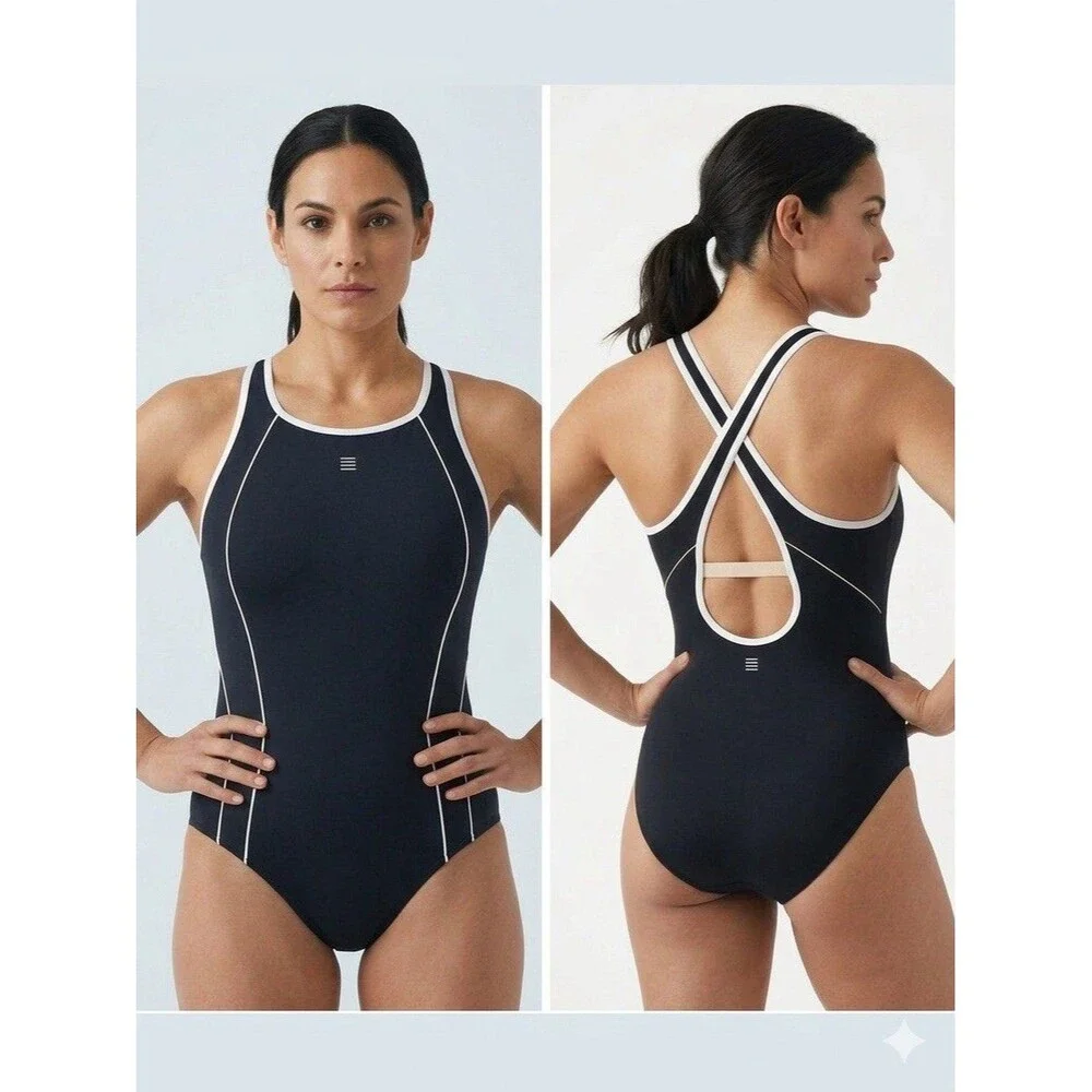 Lands' End Tugless X-Back Swimsuit Black White Piping EUC Size 14 Sporty - Picture 13 of 13